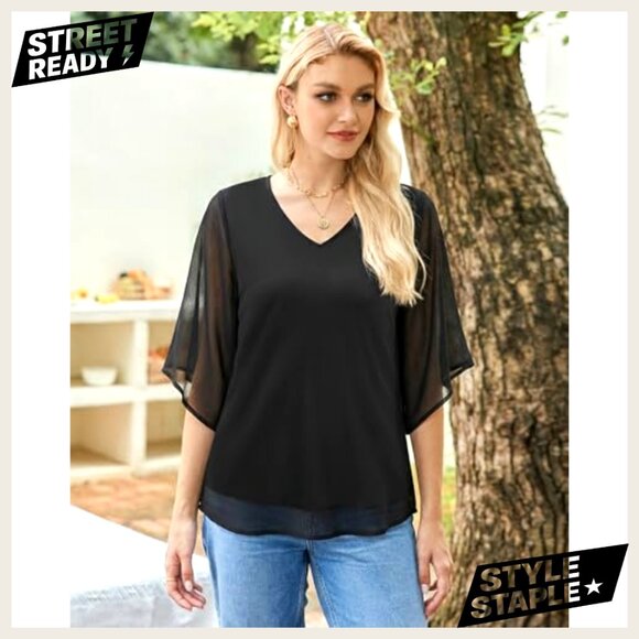 3/4 Sleeve V-Neck Chiffon Blouse Double Layer Casual Dressy Top - Picture 2 of 7